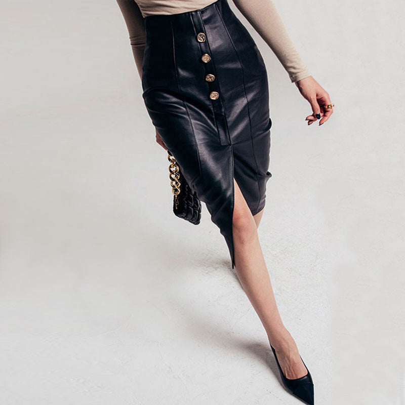 Women's Faux Leather Midi Skirt – Button Front A-Line