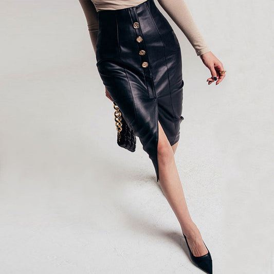 Women's Faux Leather Midi Skirt – Button Front A-Line
