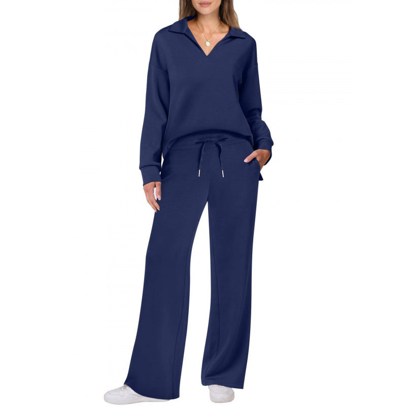 Women's Two-Piece Set – V-Neck Top and Straight Pants