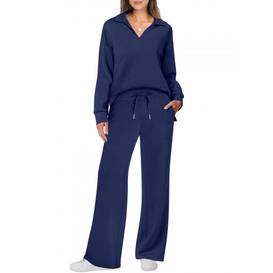 Women's Two-Piece Set – V-Neck Top and Straight Pants