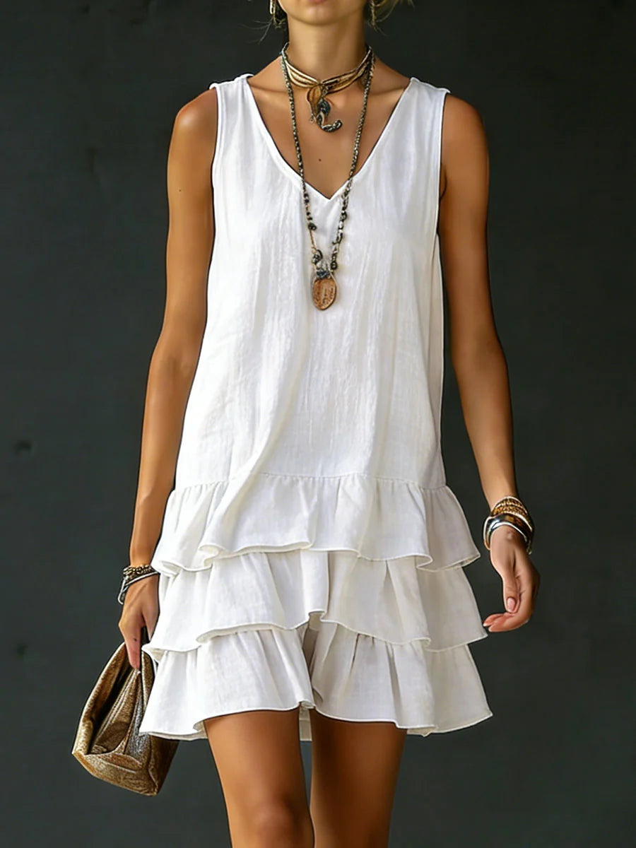 Women's Sleeveless V-Neck Mini Dress – Cotton-Linen Relaxed Fit