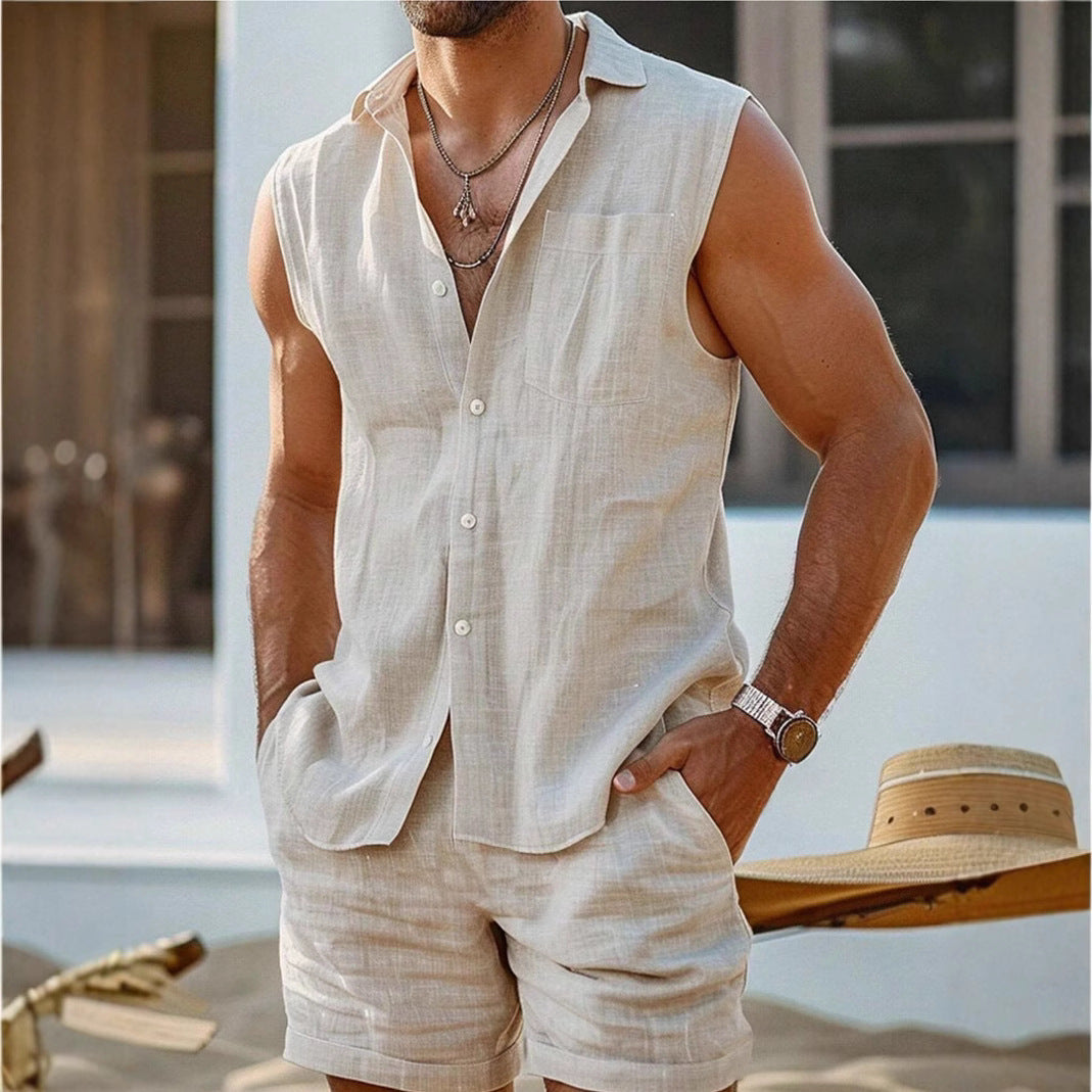 Men's Cotton-Linen Vest – Open-Front Stand Collar