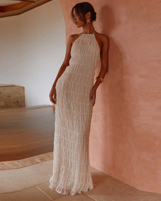 Women's Pleated Halter Maxi Dress – Textured Stripe Open Back