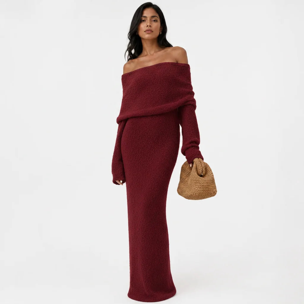 Women's Off-Shoulder Maxi Dress – Folded Lapel Neckline
