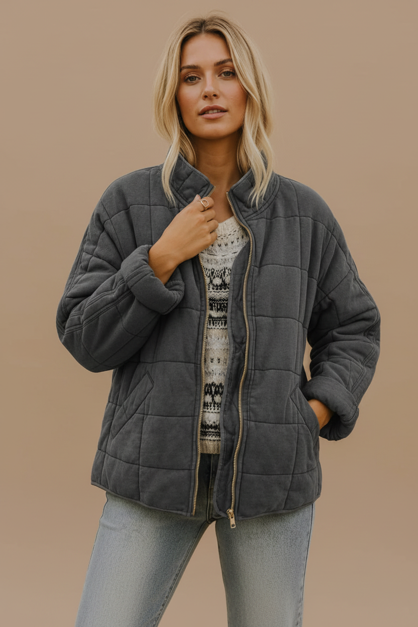 Women's Quilted Jacket – Diamond Stitch Stand Collar