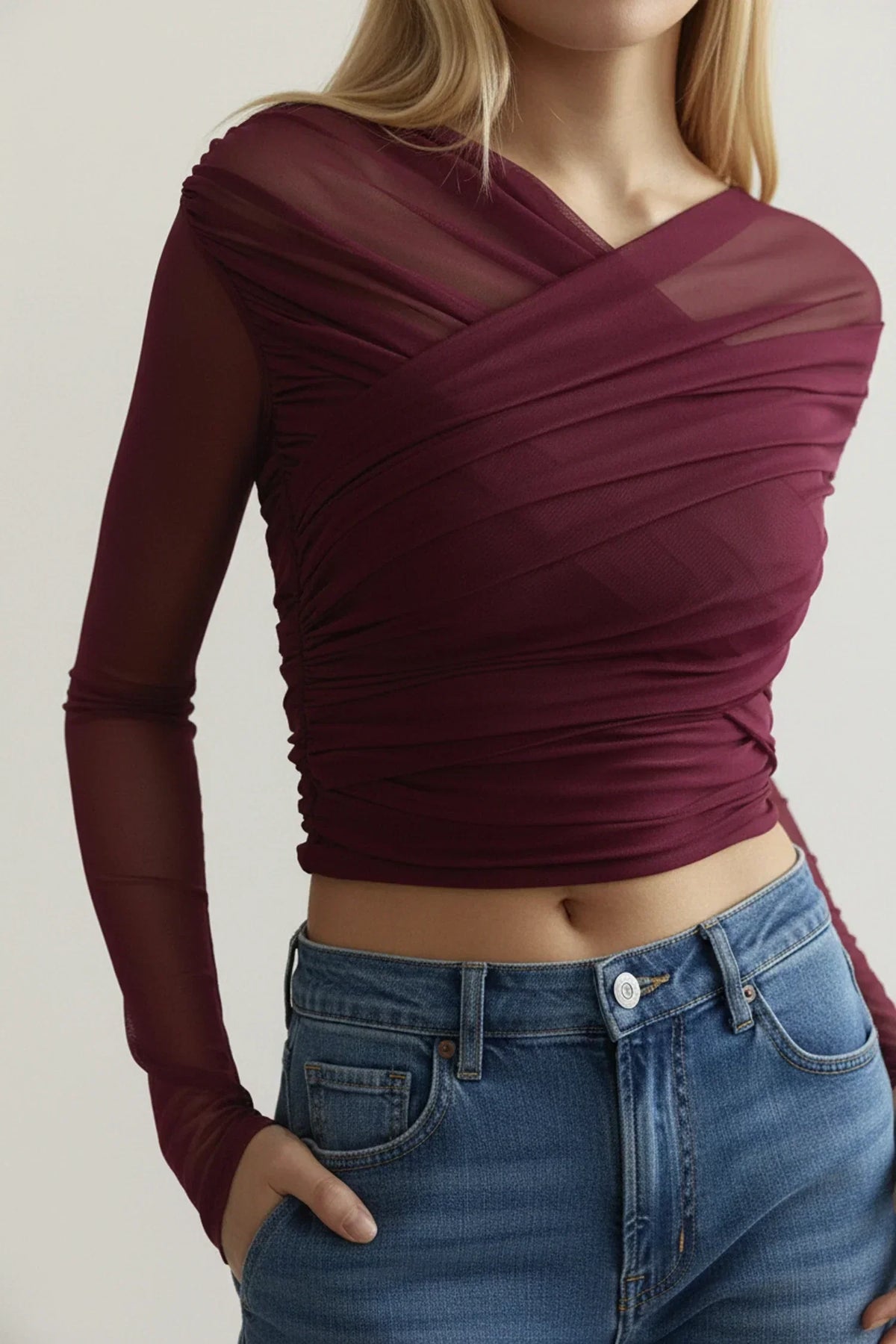 Women's Long Sleeve Top – Pleated Front Fitted