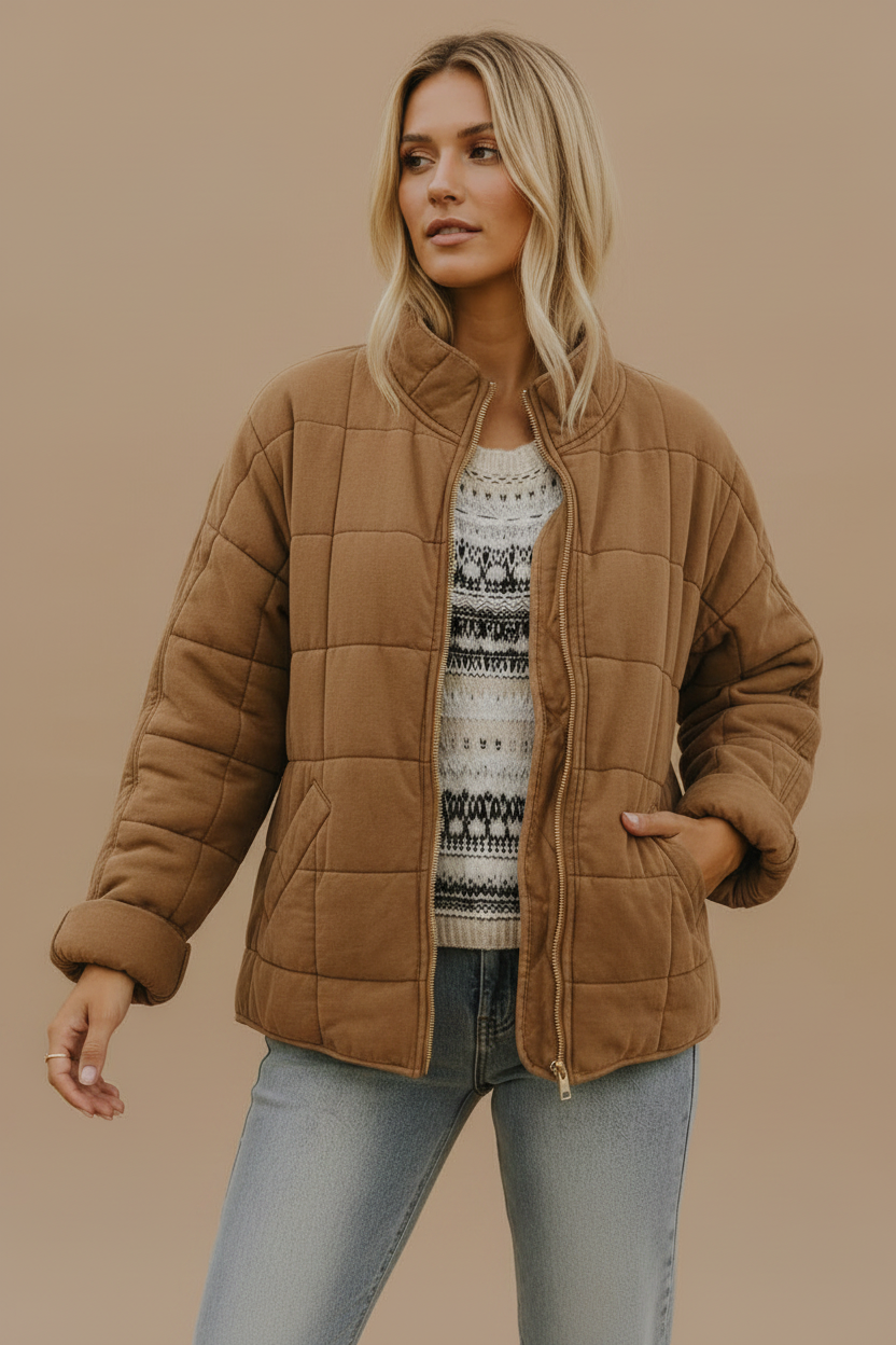 Women's Quilted Jacket – Diamond Stitch Stand Collar