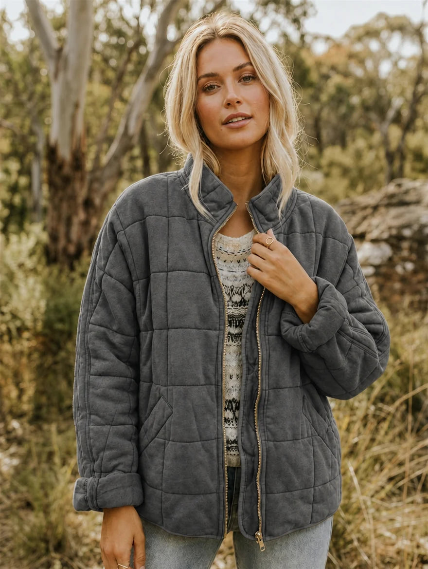 Women's Quilted Jacket – Stand Collar Diamond Stitch
