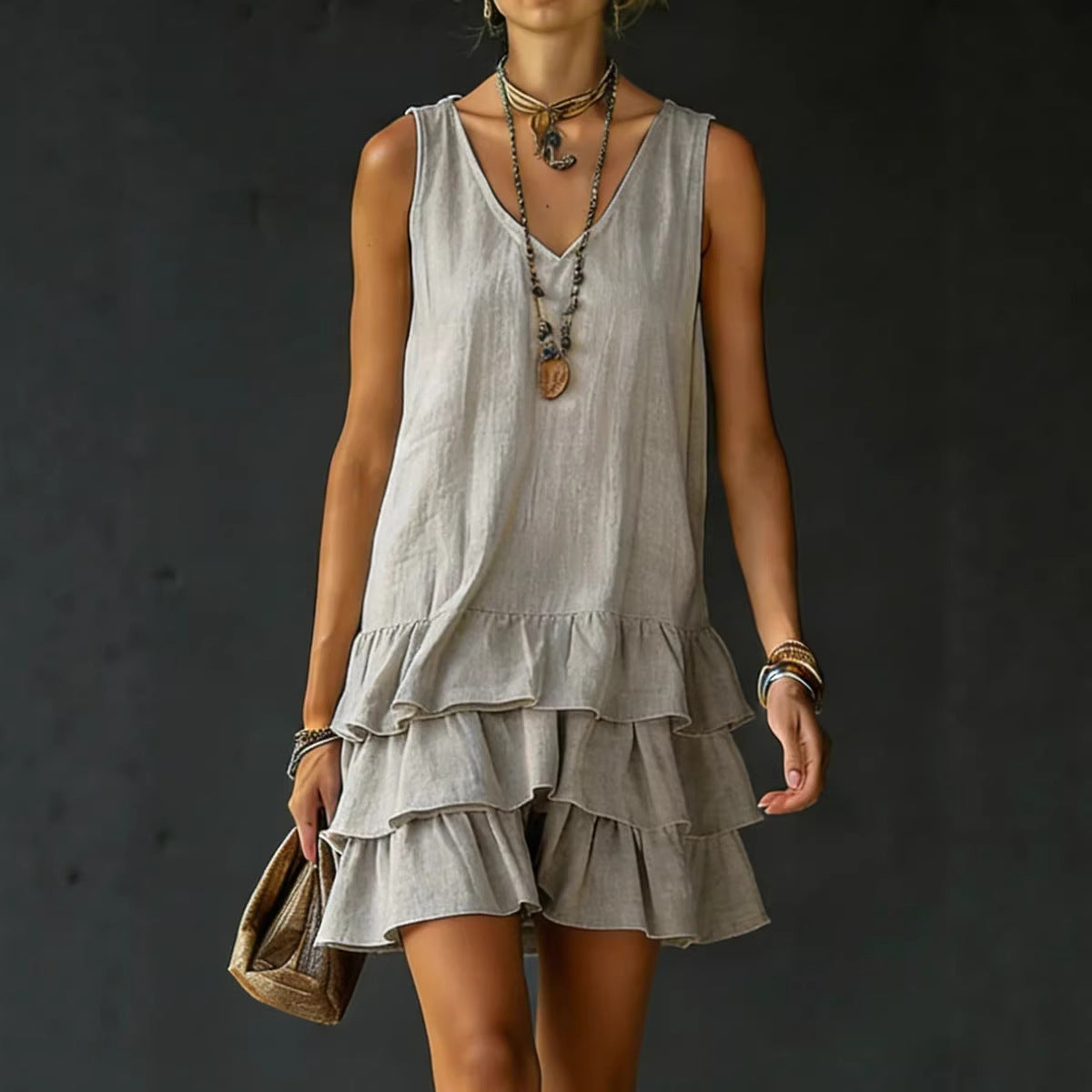 Women's Sleeveless Mini Dress – Tiered Ruffle Hem