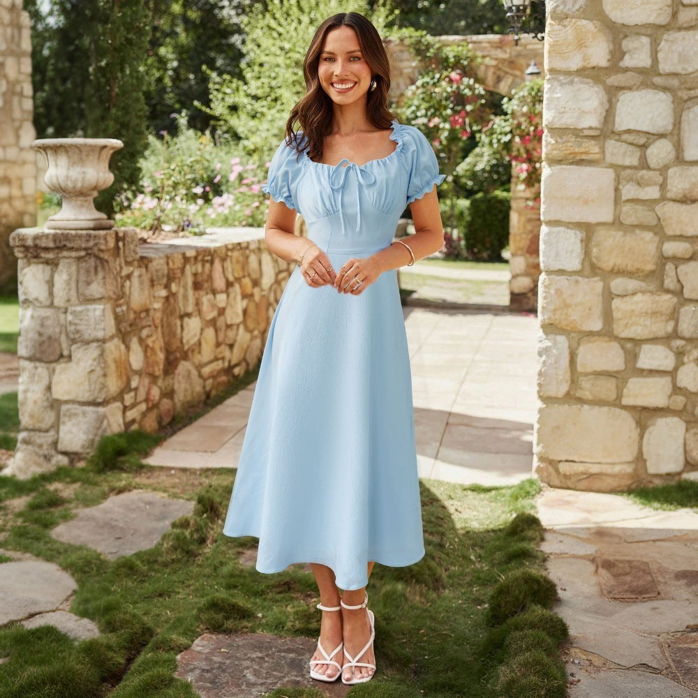 Women's Square-Neck Midi Dress – Lace-Up A-Line Fit