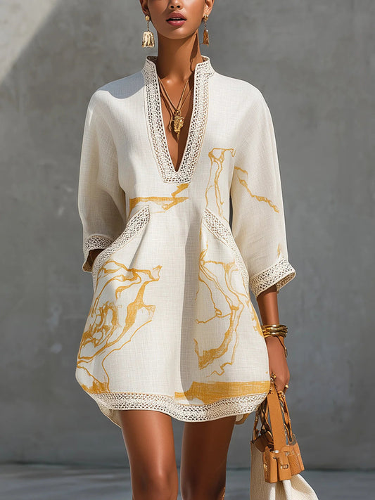 Women's Lace-Trim Mini Dress – V-Neck Three-Quarter Sleeve