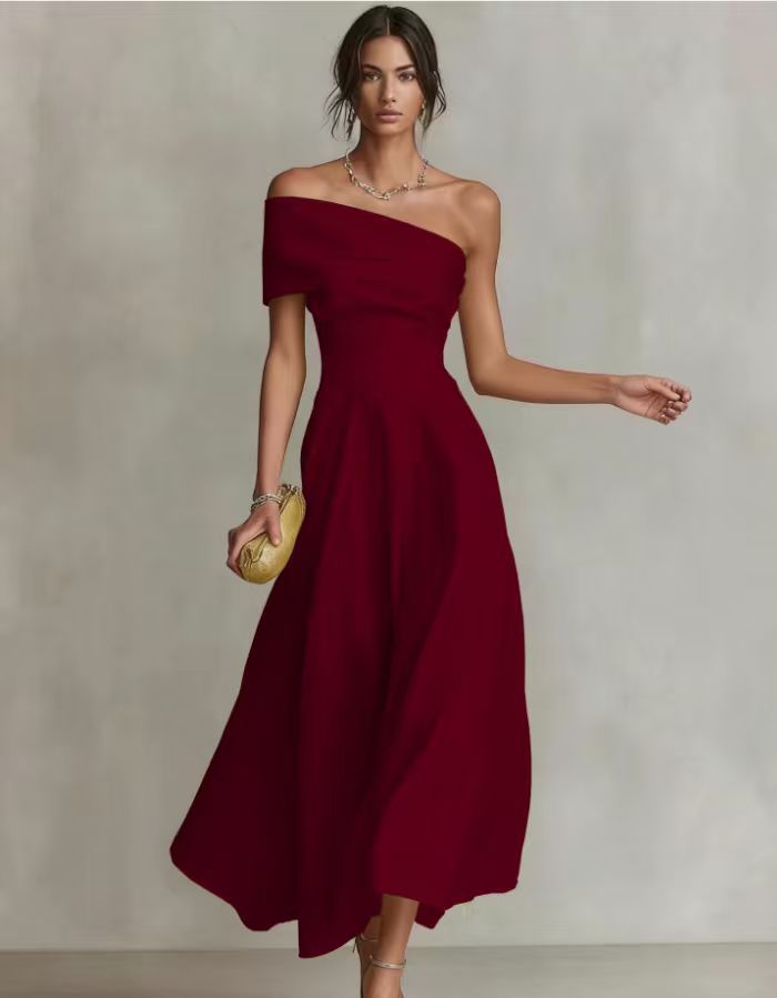 Women's Off-Shoulder Maxi Dress – Fitted Bodice, Full Skirt