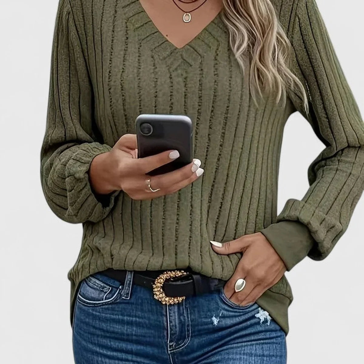 Women's V-Neck Knit Top – Brushed Rib Stripe