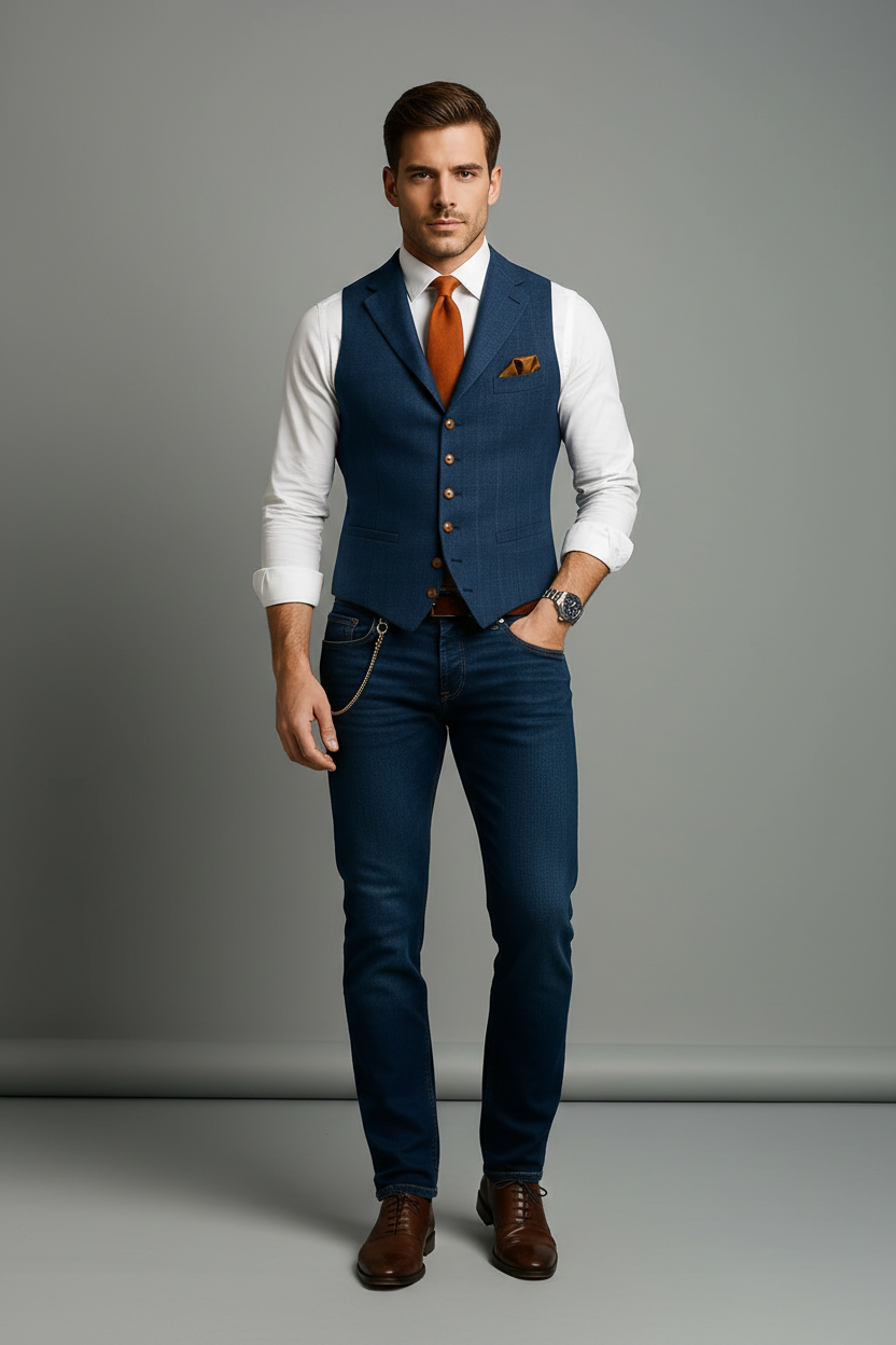 Men's Slim Check Vest – Lapel Collar Detail