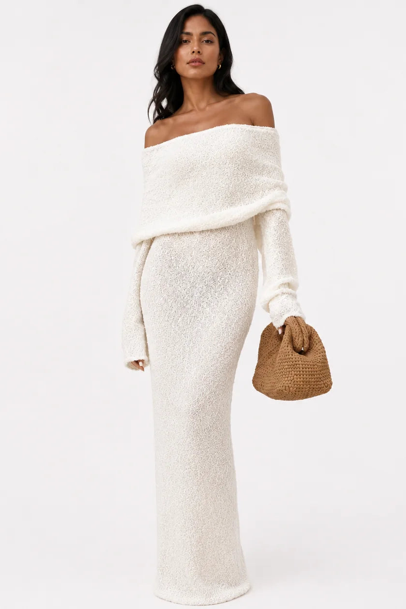 Women's Off-Shoulder Maxi Dress – Draped Fold Flared Sleeve
