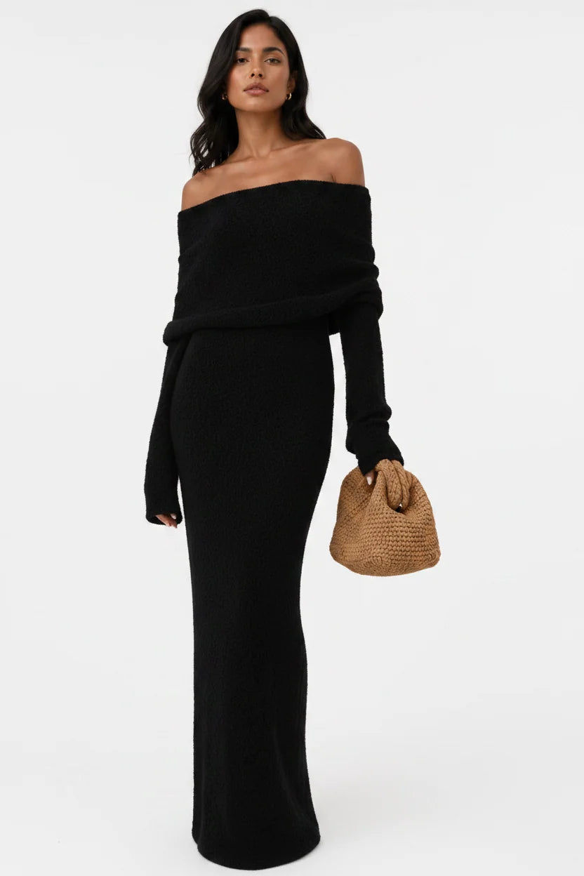 Women's Off-Shoulder Maxi Dress – Draped Fold Flared Sleeve