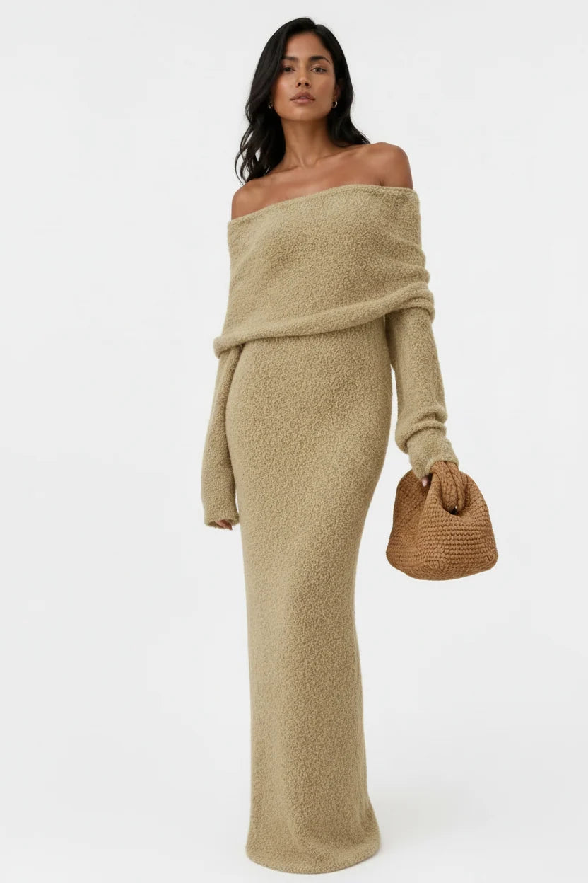 Women's Off-Shoulder Maxi Dress – Draped Fold Flared Sleeve