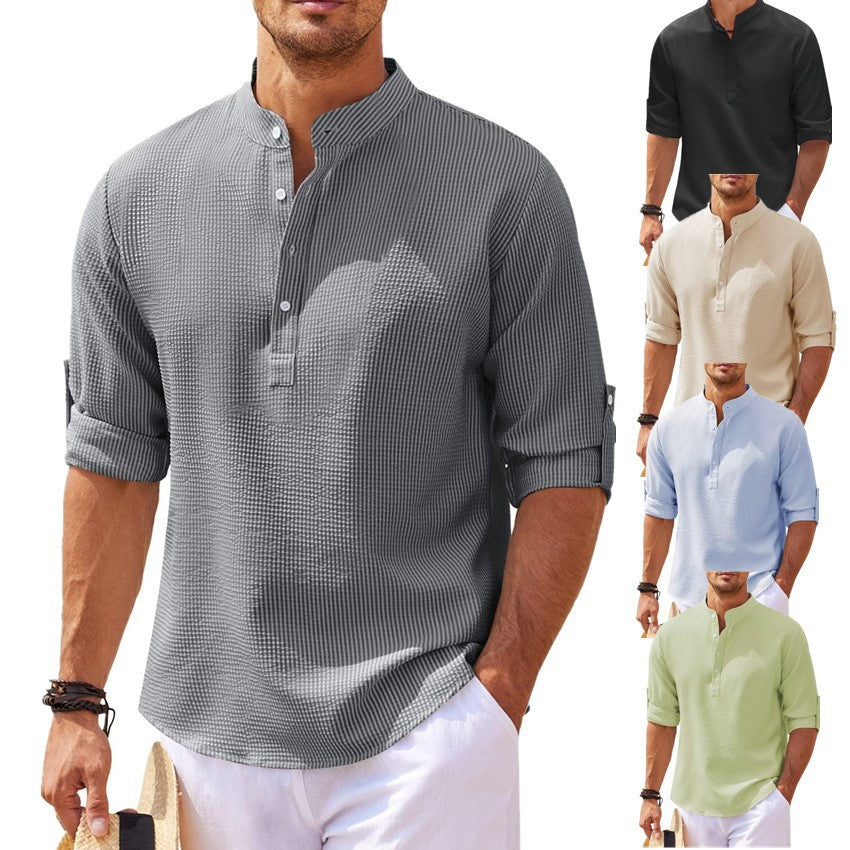 Men's Textured Button-Up Shirt – Stand Collar Regular Fit