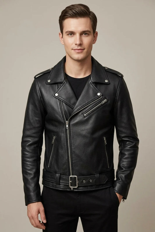 Men's Cowhide Leather Biker Jacket – Asymmetric Belted Waist