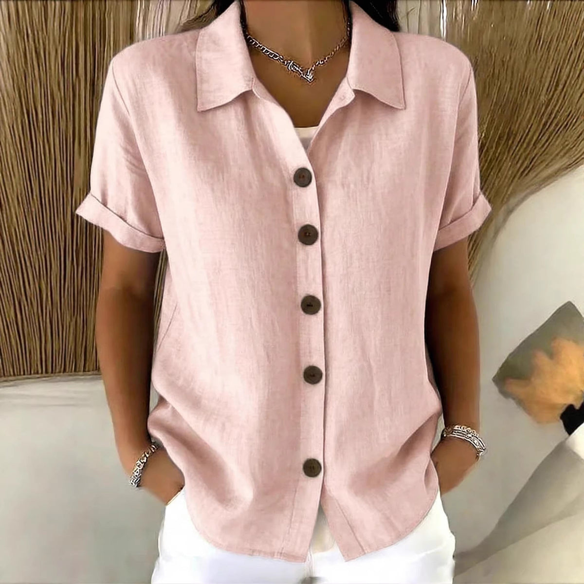 Women's Linen-Blend Shirt – Short Sleeve Button Front