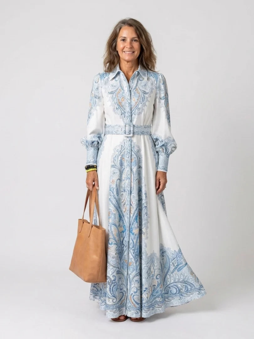 Women's Lapel Maxi Dress – Lantern Sleeve A-Line