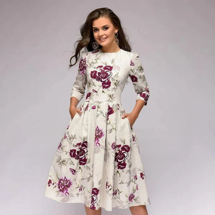 Women's Printed Midi Dress – Pleated Flared Skirt