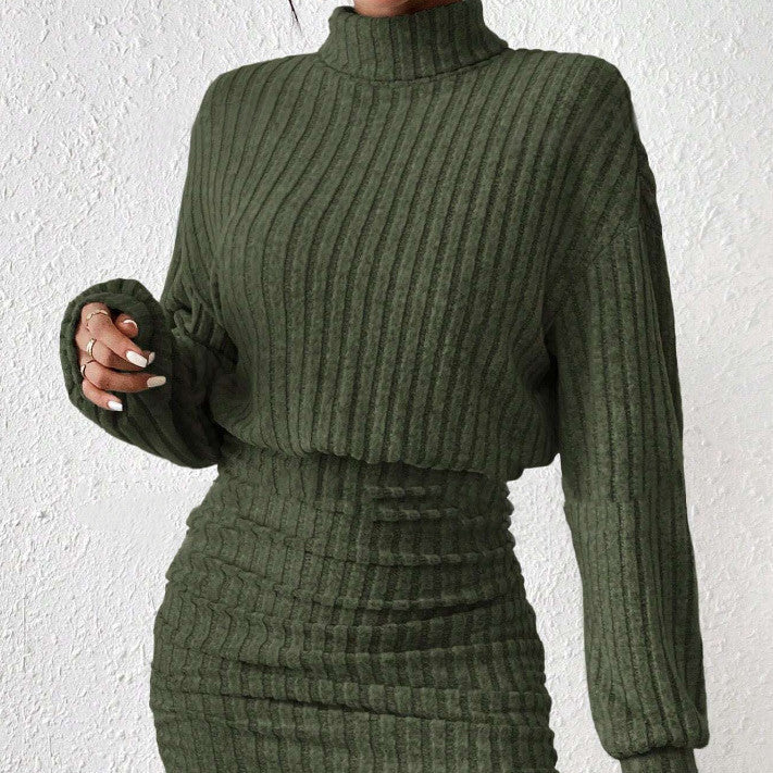 Women's Ribbed Knit Two-Piece Set – High Neck Top & Skirt