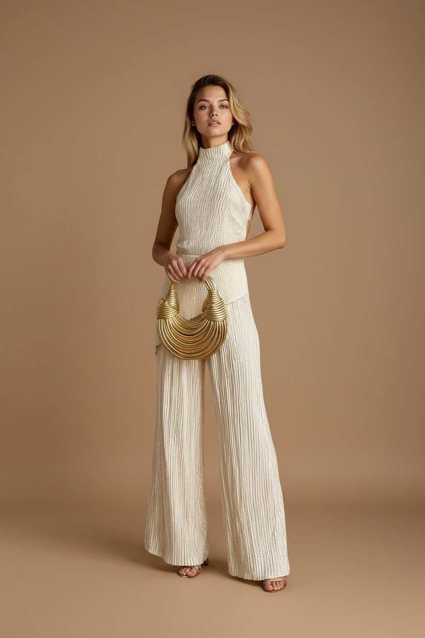 Women's Pleated Two-Piece Set – One-Shoulder Top and Wide Pants