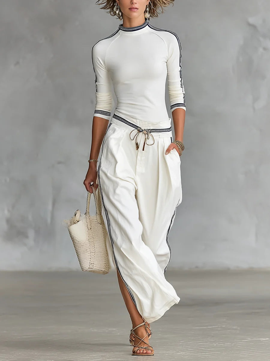 Women's Two-Piece Set – Contrast Trim Wide-Leg