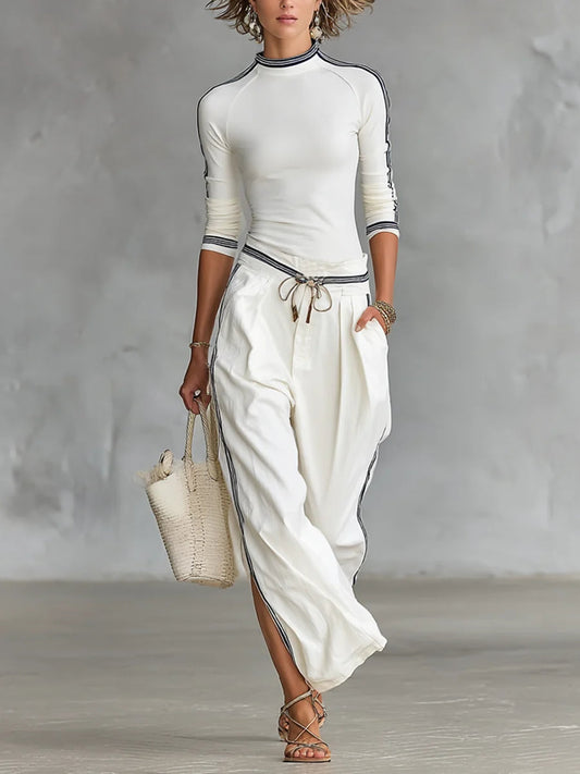 Women's Two-Piece Set – Contrast Trim Wide-Leg
