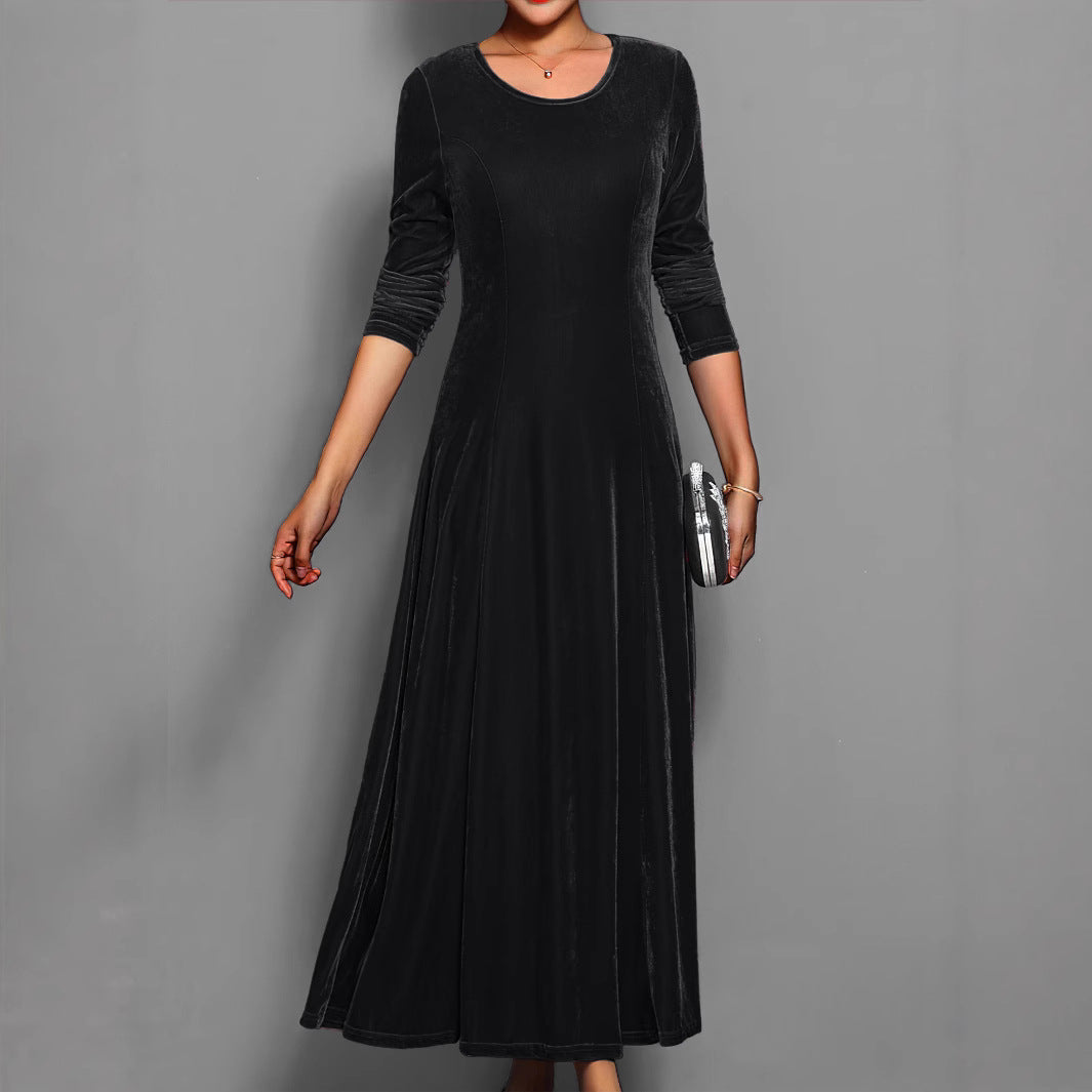 Women's Velvet Maxi Dress – A-Line Three-Quarter Sleeve