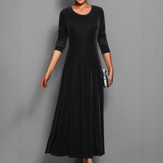 Women's Velvet Maxi Dress – A-Line Three-Quarter Sleeve