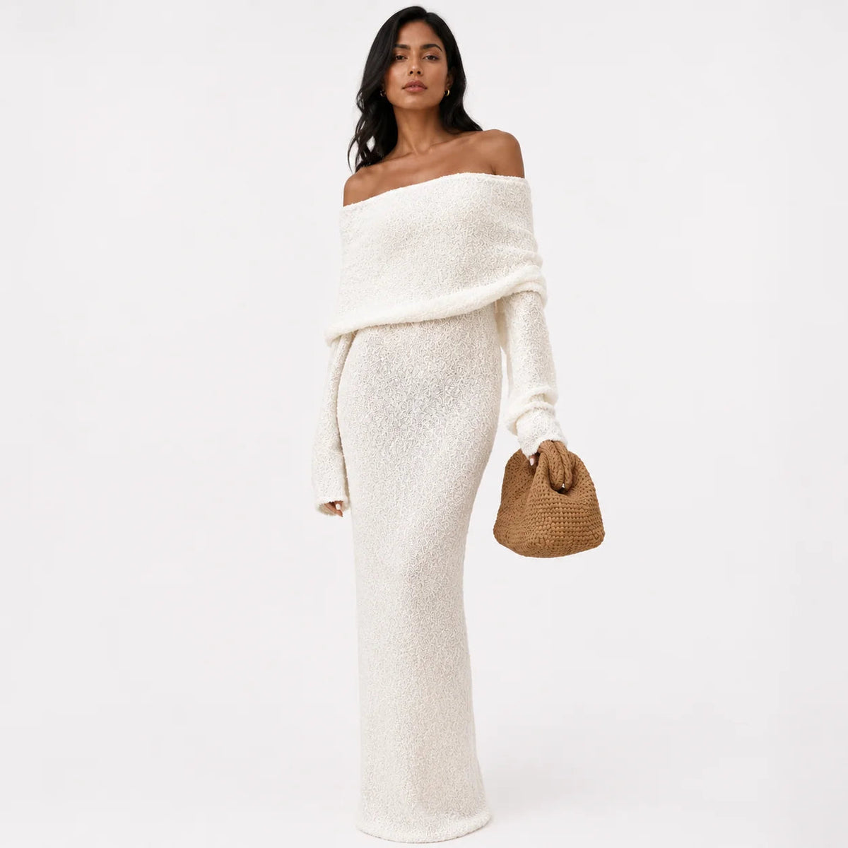 Women's Off-Shoulder Maxi Dress – Folded Lapel Neckline