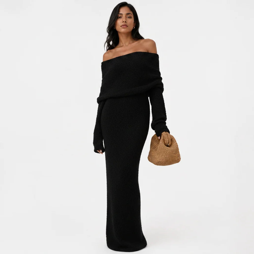 Women's Off-Shoulder Maxi Dress – Folded Lapel Neckline