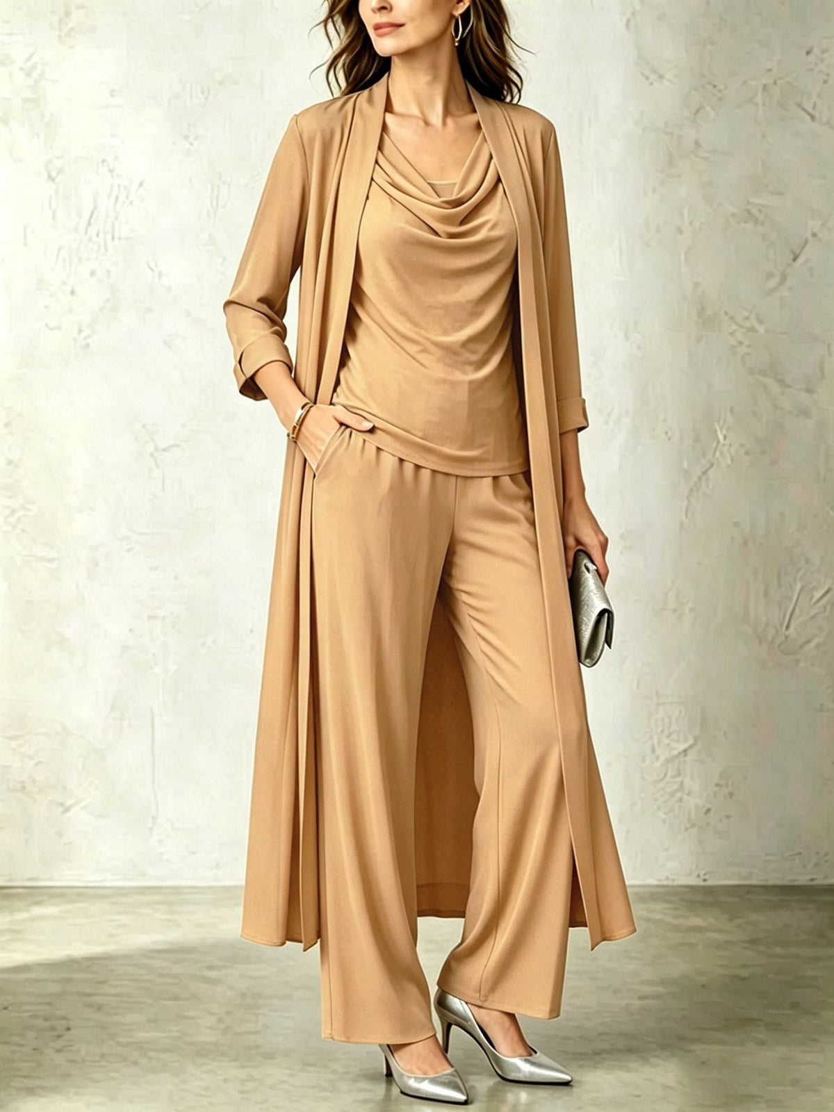 Women's Three-Piece Set – Long Cardigan and Straight Pants