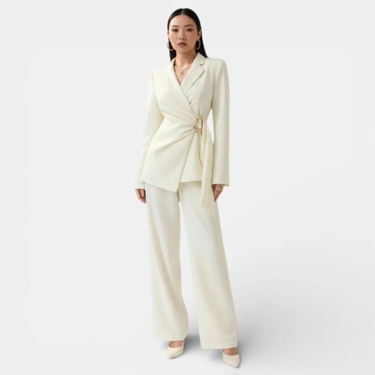 Women's Blazer and Wide-Leg Pants Set – Tie-Waist Double-Breasted