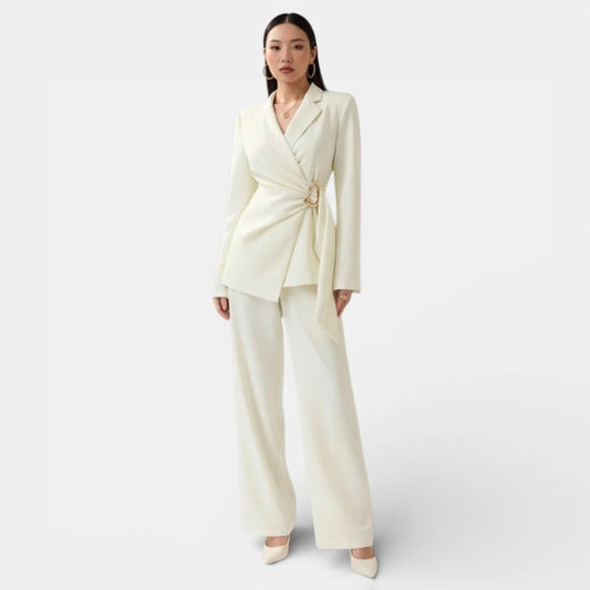 Women's Blazer and Wide-Leg Pants Set – Tie-Waist Double-Breasted