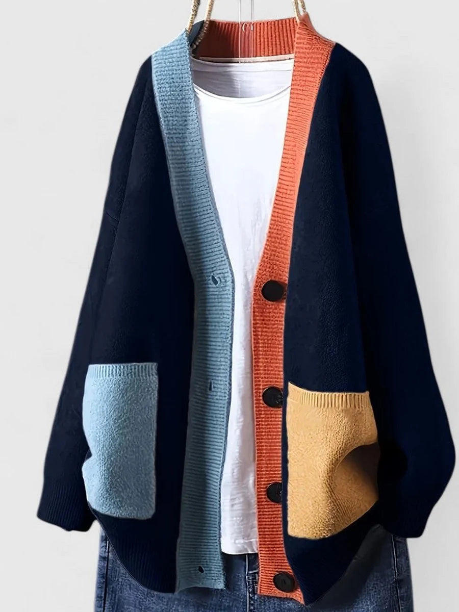 Women's Oversized V-Neck Cardigan – Two-Tone Patchwork Knit