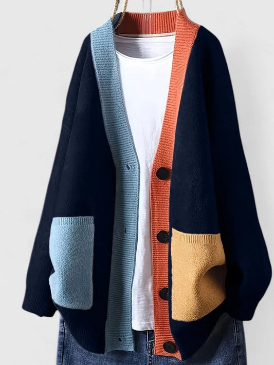 Women's Oversized V-Neck Cardigan – Two-Tone Patchwork Knit