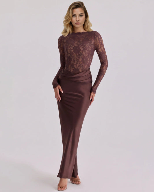 Women's Satin Maxi Skirt – Lace Waist Mermaid Hem