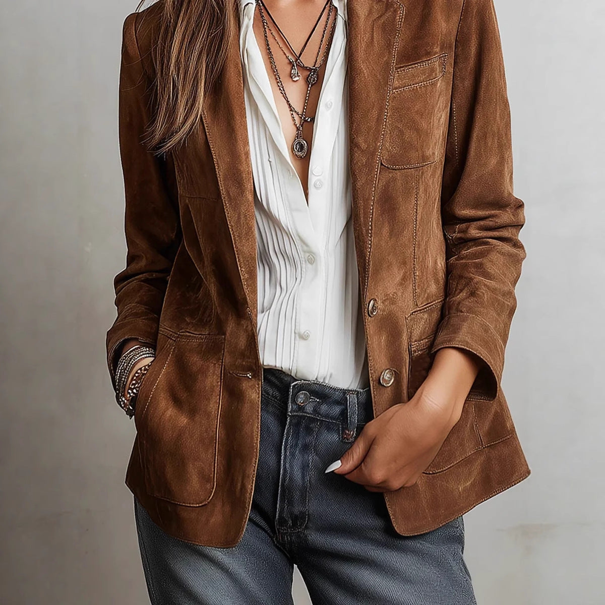 Women's Suede-Look Jacket – Single-Breasted Relaxed Fit