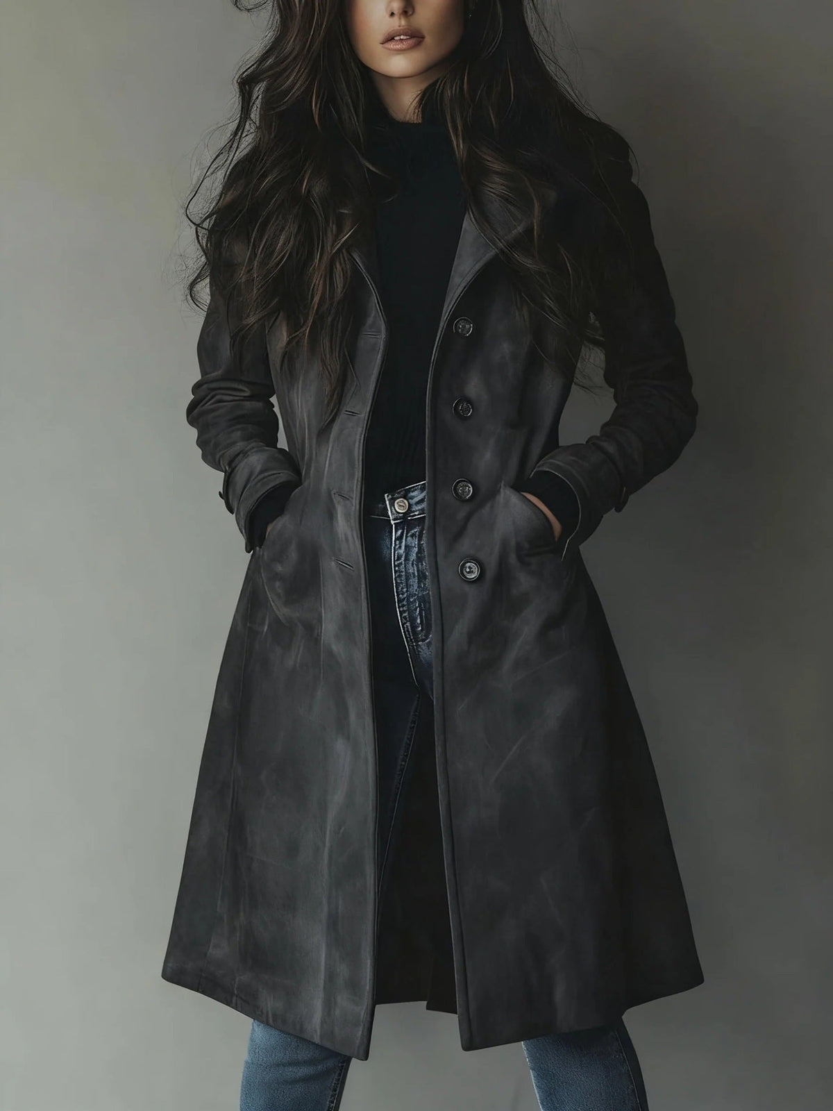 Women's Long Coat – Straight Cut with Flap Pockets