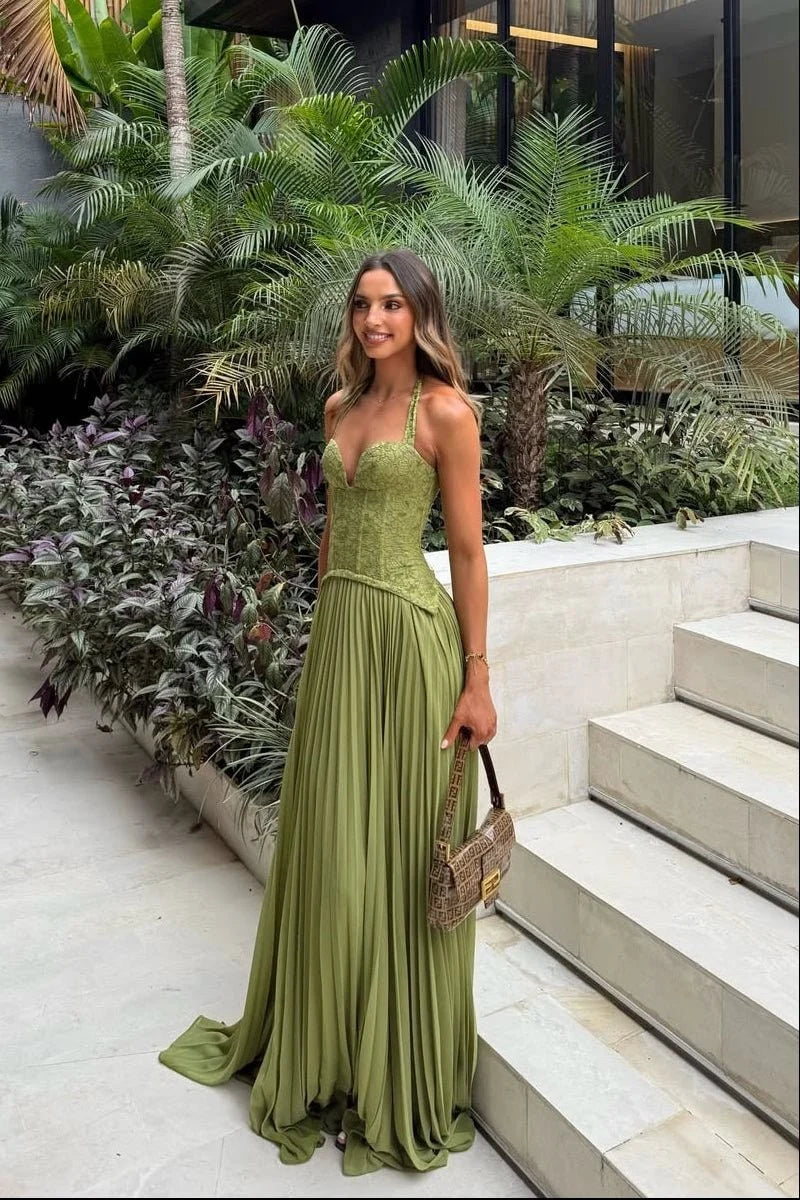 Women's Halter Maxi Dress – Open Back Pleated Skirt
