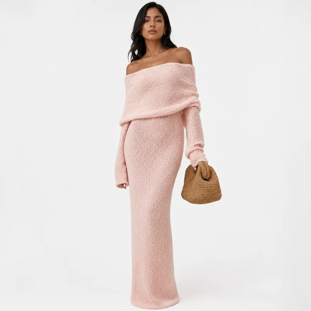 Women's Off-Shoulder Maxi Dress – Folded Lapel Neckline
