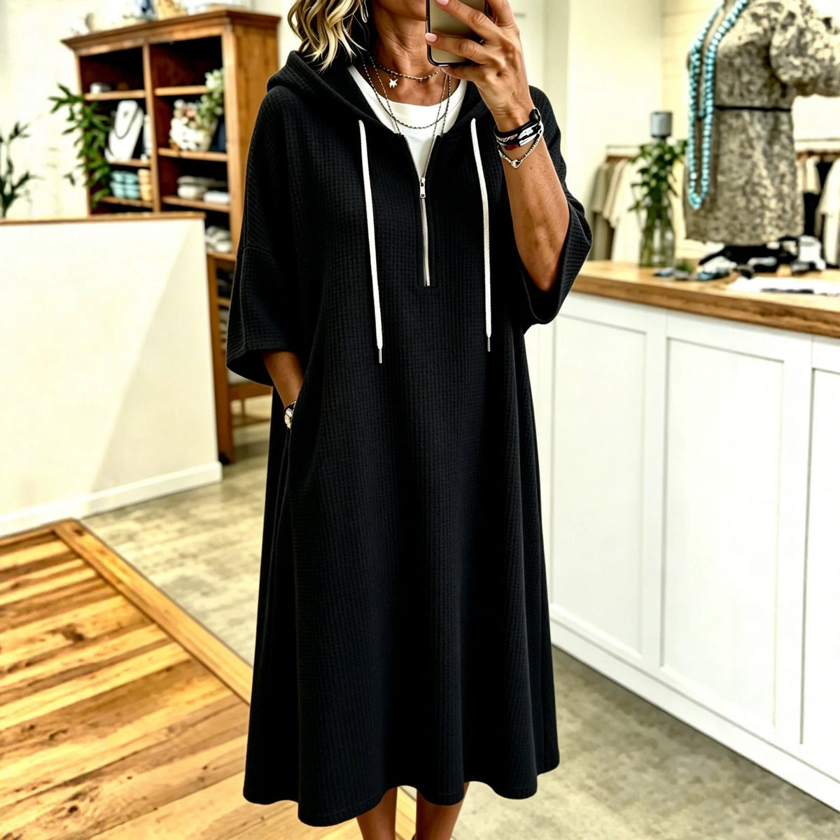 Women's Hooded Midi Dress – Straight Elbow-Sleeve Fit