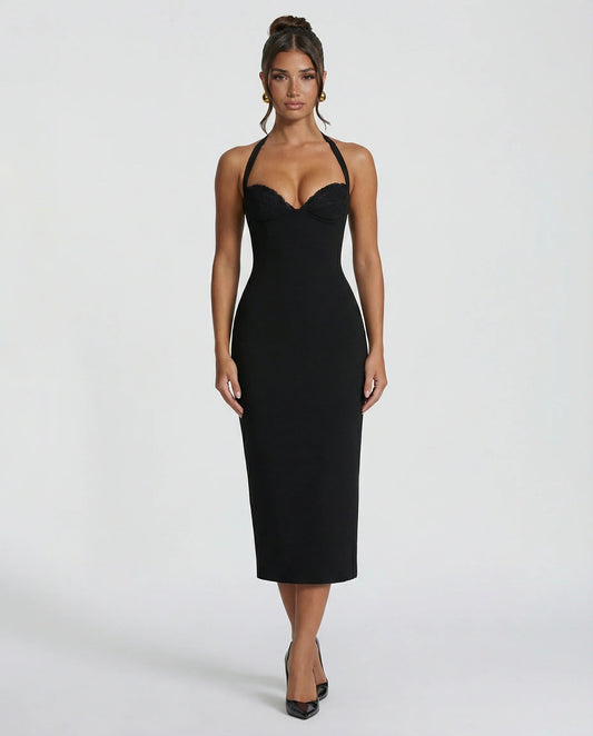 Women's Halter Midi Dress – Structured Back-Slit Cut