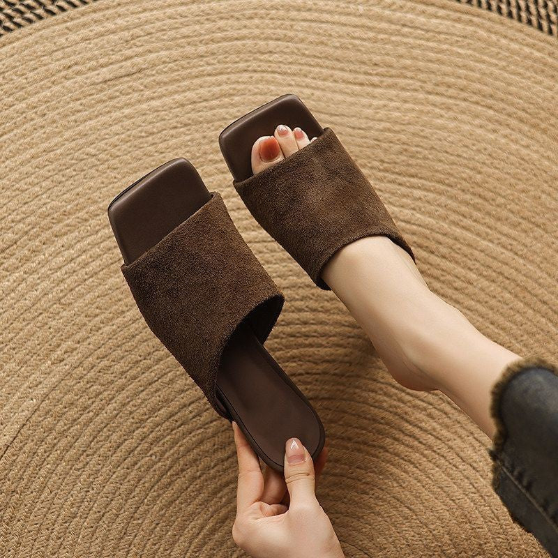 Women's Heeled Slide Sandal – Square Toe Faux Suede