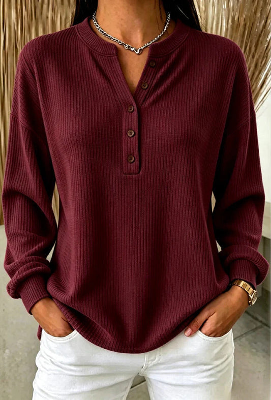 Women's Ribbed Henley Top – Relaxed Long Sleeve