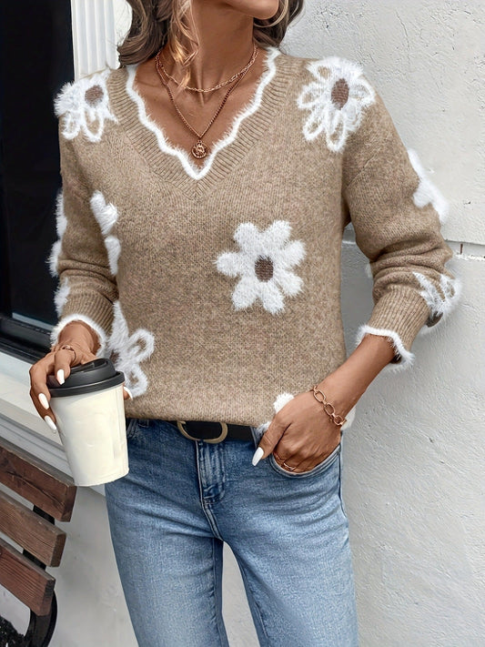Women's Floral Jacquard Sweater – Relaxed Textured Knit