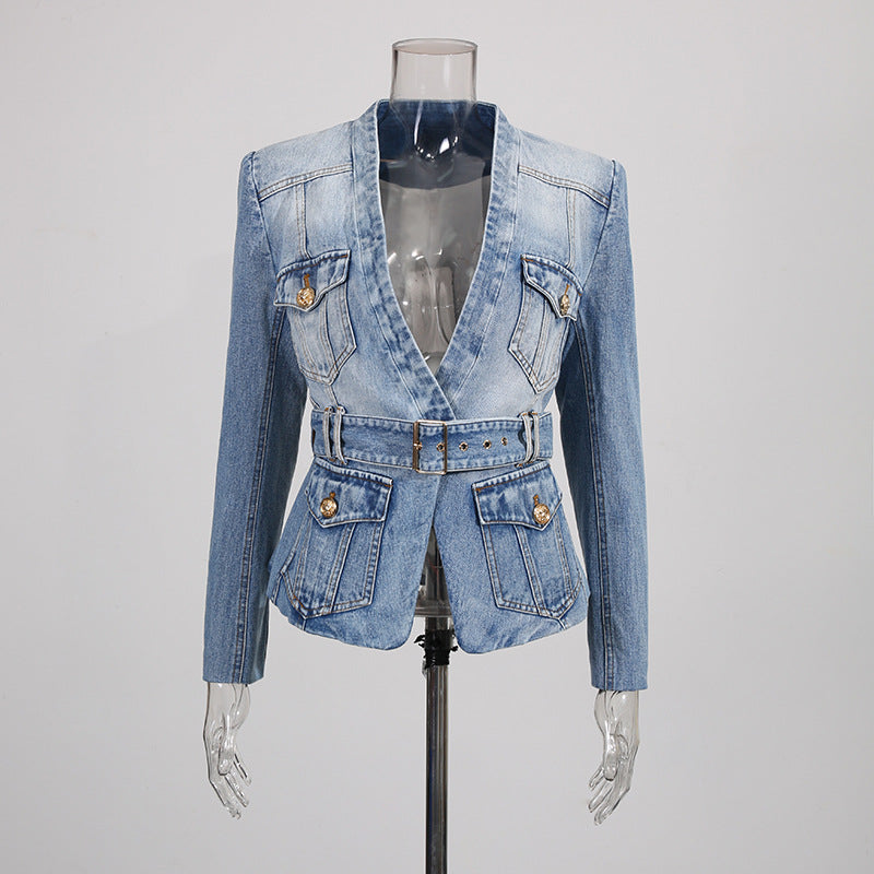 Women's Distressed Denim Blazer – Belted Fitted Cut